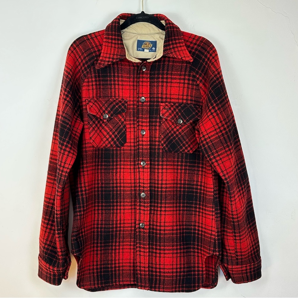 Vtg Class 5 The Standard of the World USA Wool Red Black Plaid Shacket Jacket L